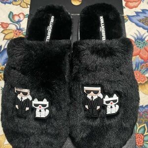 Karl Lagerfeld Black Furry Slippers with Iconic Characters